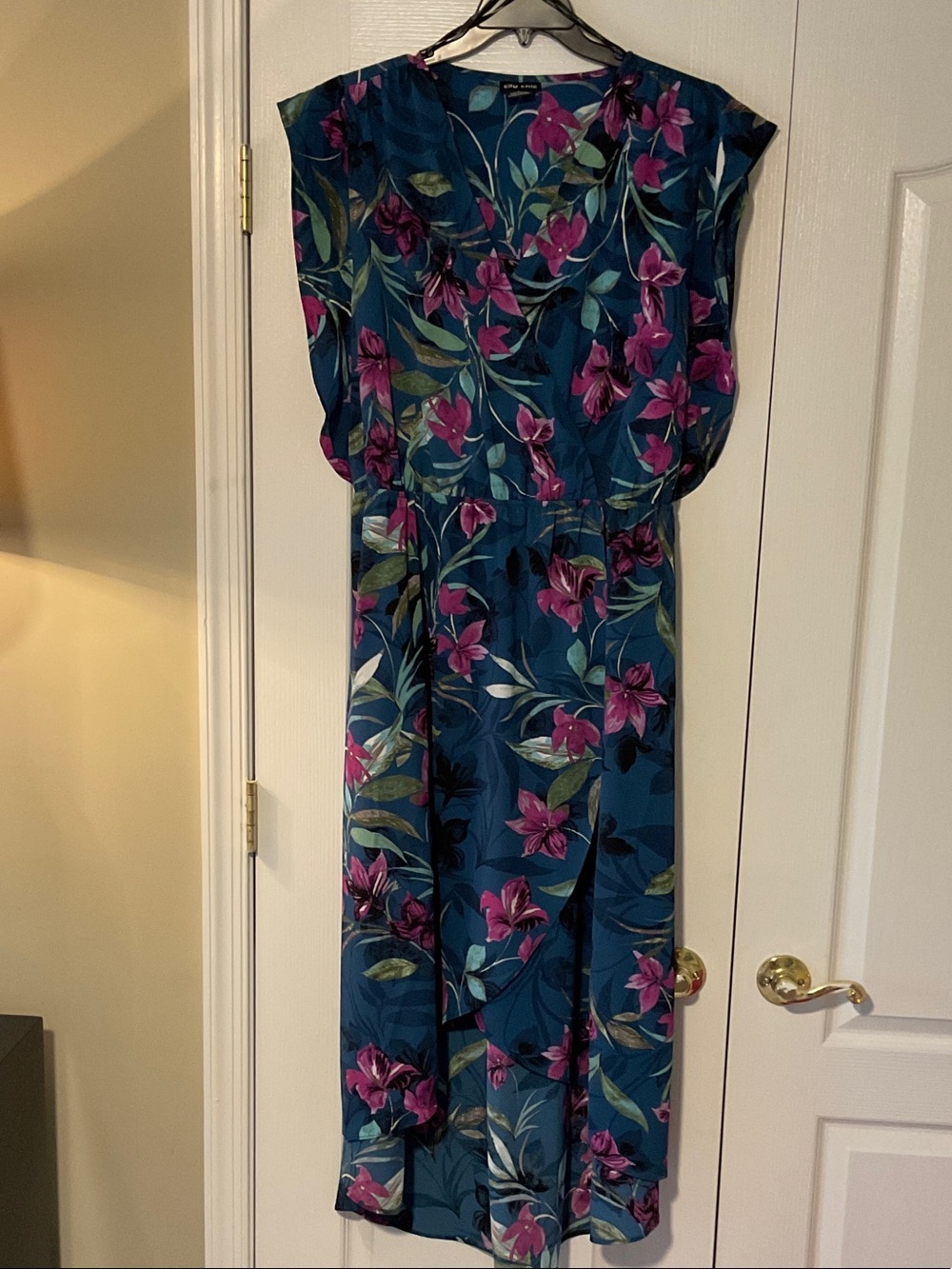 City Chic Teal Floral High-Low Dress with Pink Flowers